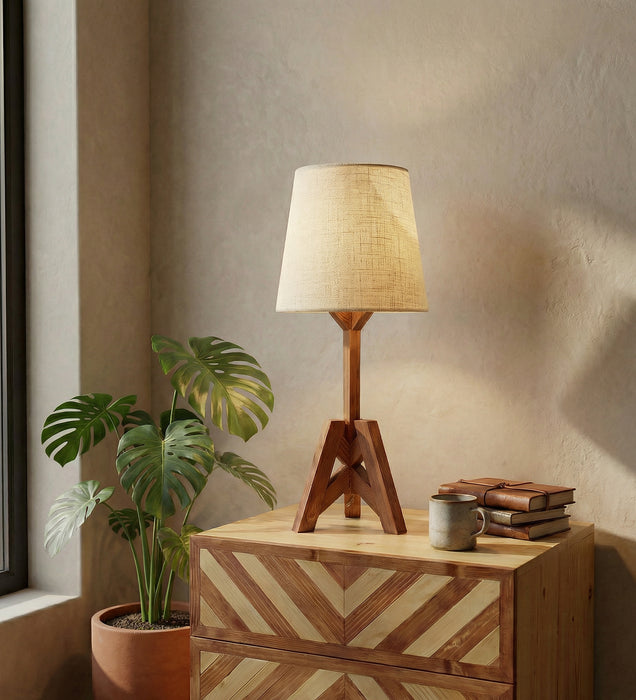 Troika Wooden Table Lamp with Brown Base and White Fabric Lampshade