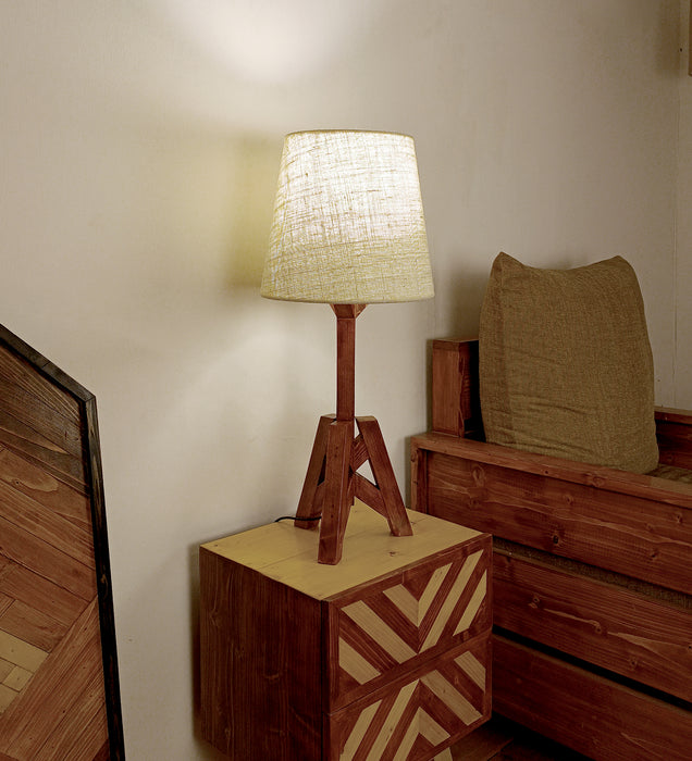 Troika Wooden Table Lamp with Brown Base and White Fabric Lampshade