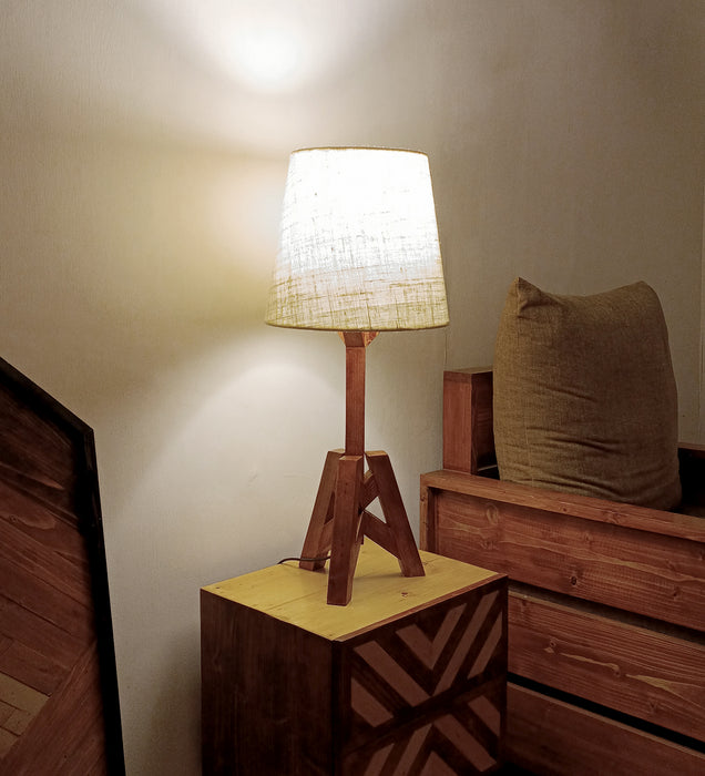 Troika Wooden Table Lamp with Brown Base and White Fabric Lampshade