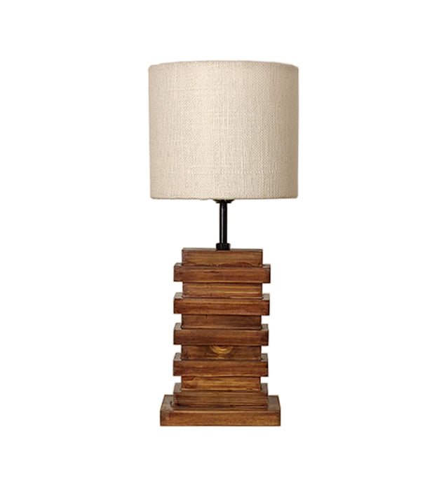 Truffle Brown Wooden Table Lamp with Yellow Printed Fabric Lampshade