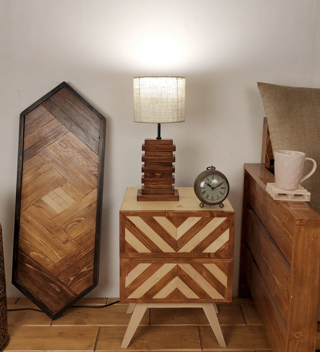 Truffle Brown Wooden Table Lamp with Yellow Printed Fabric Lampshade