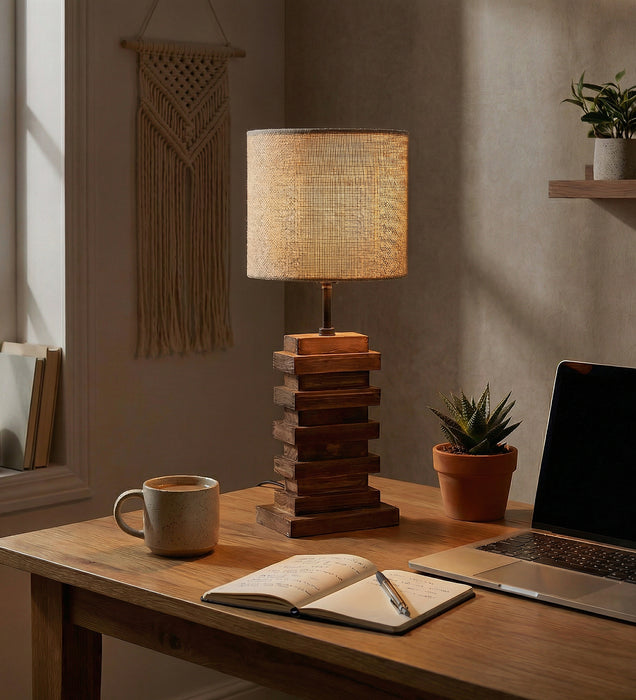 Truffle Brown Wooden Table Lamp with Fabric Lampshade