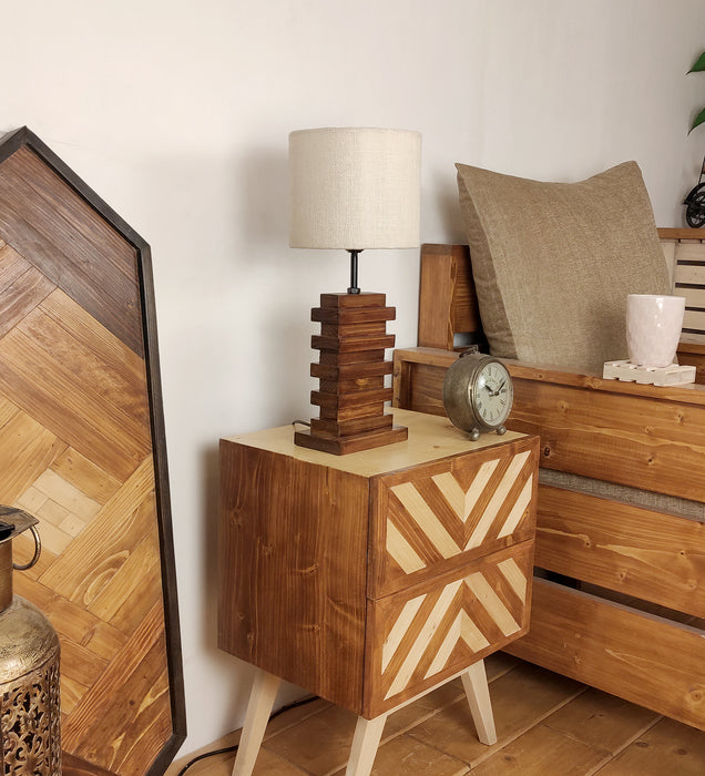 Truffle Brown Wooden Table Lamp with Yellow Printed Fabric Lampshade