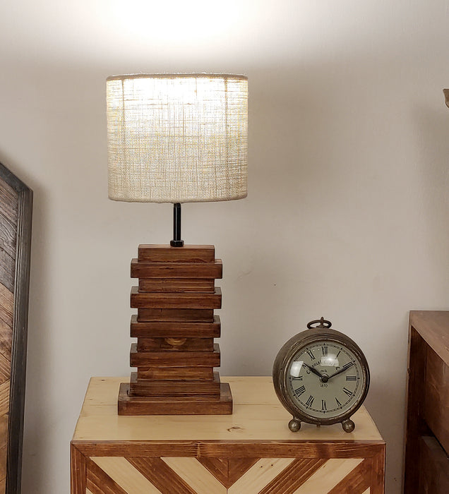 Truffle Brown Wooden Table Lamp with Yellow Printed Fabric Lampshade