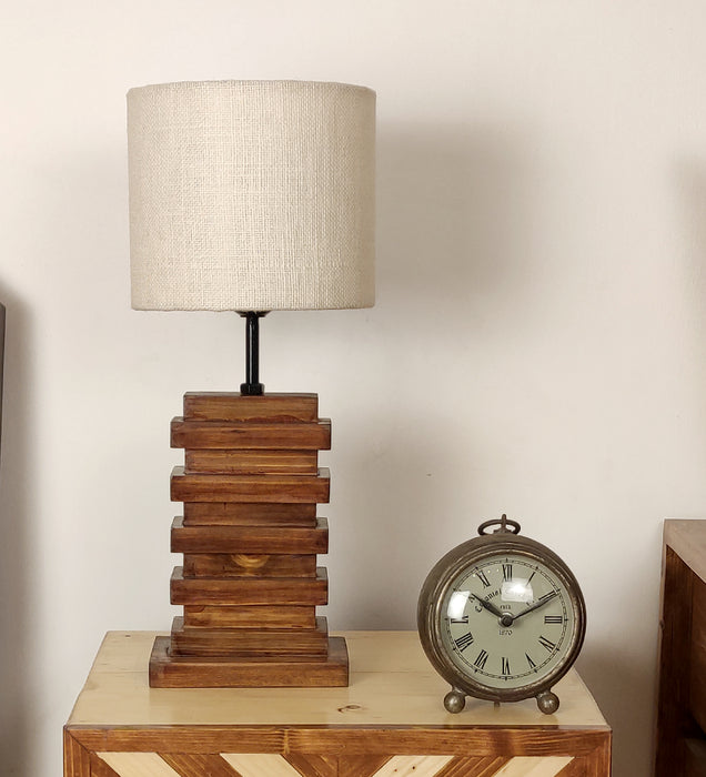 Truffle Brown Wooden Table Lamp with Yellow Printed Fabric Lampshade