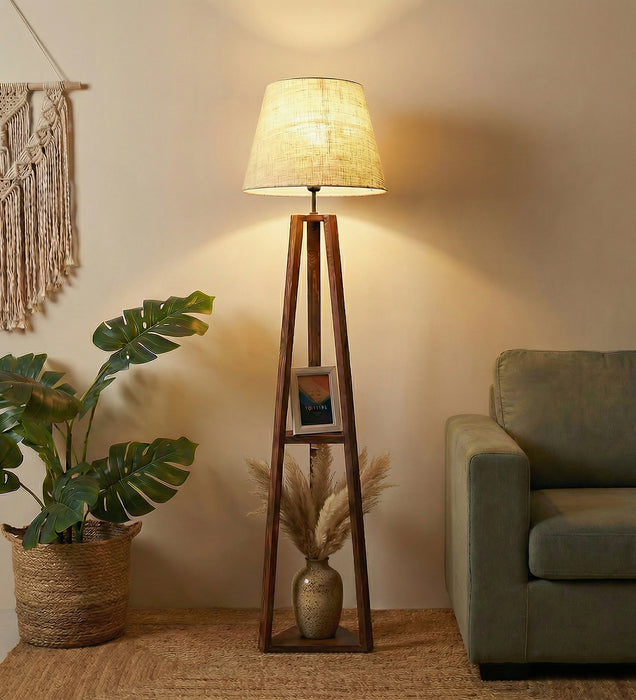 Vantage Wooden Floor Lamp with Brown Base and Jute Fabric Lampshade