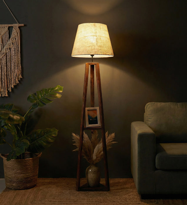 Vantage Wooden Floor Lamp with Brown Base and Jute Fabric Lampshade