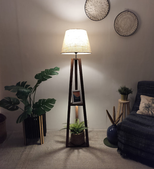 Vantage Wooden Floor Lamp with Brown Base and Jute Fabric Lampshade