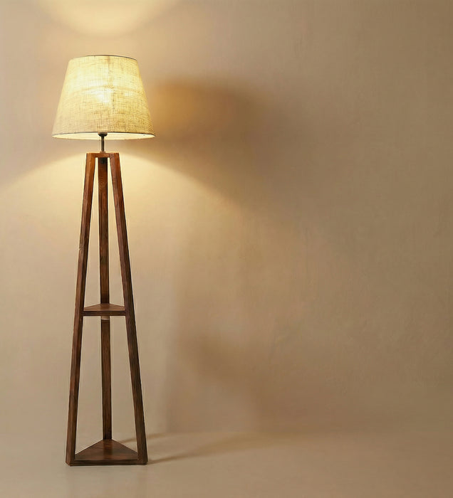 Vantage Wooden Floor Lamp with Brown Base and Jute Fabric Lampshade