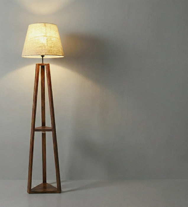 Vantage Wooden Floor Lamp with Brown Base and Jute Fabric Lampshade