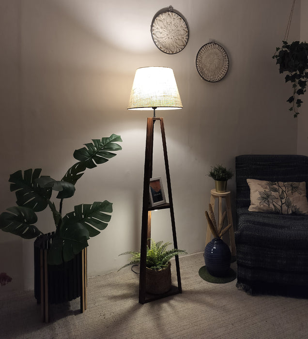Vantage Wooden Floor Lamp with Brown Base and Jute Fabric Lampshade