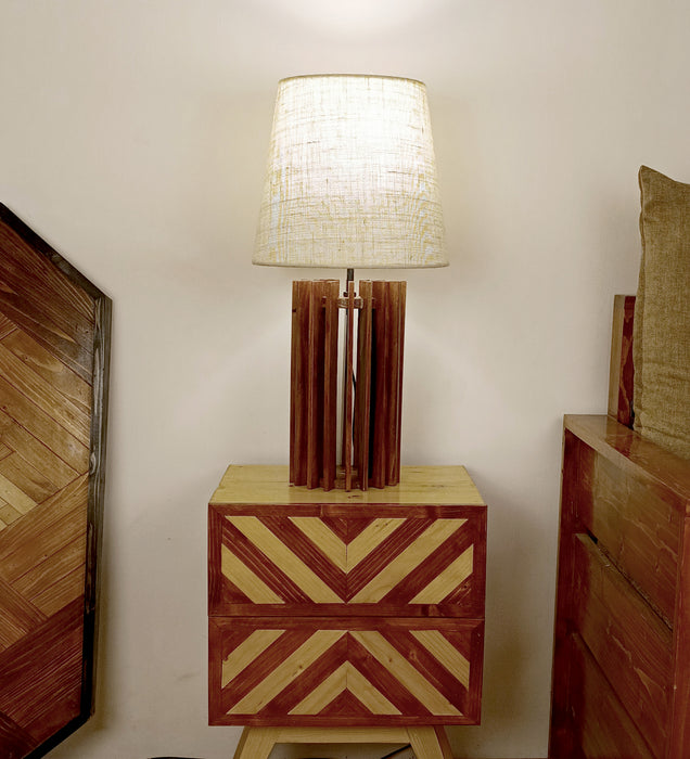 Ventus Brown Wooden Table Lamp with Yellow Printed Fabric Lampshade