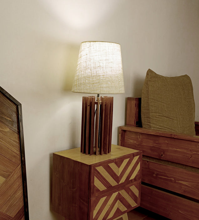 Ventus Brown Wooden Table Lamp with Yellow Printed Fabric Lampshade