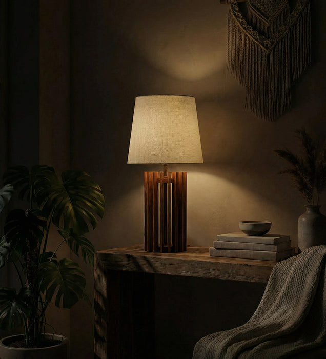 Ventus Brown Wooden Table Lamp with Fabric Lampshade