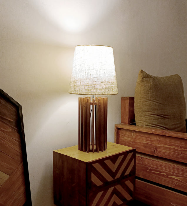 Ventus Brown Wooden Table Lamp with Yellow Printed Fabric Lampshade