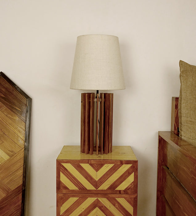 Ventus Brown Wooden Table Lamp with Yellow Printed Fabric Lampshade