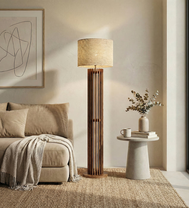 Ventus Wooden Floor Lamp With Brown Base and Beige Fabric Lampshade