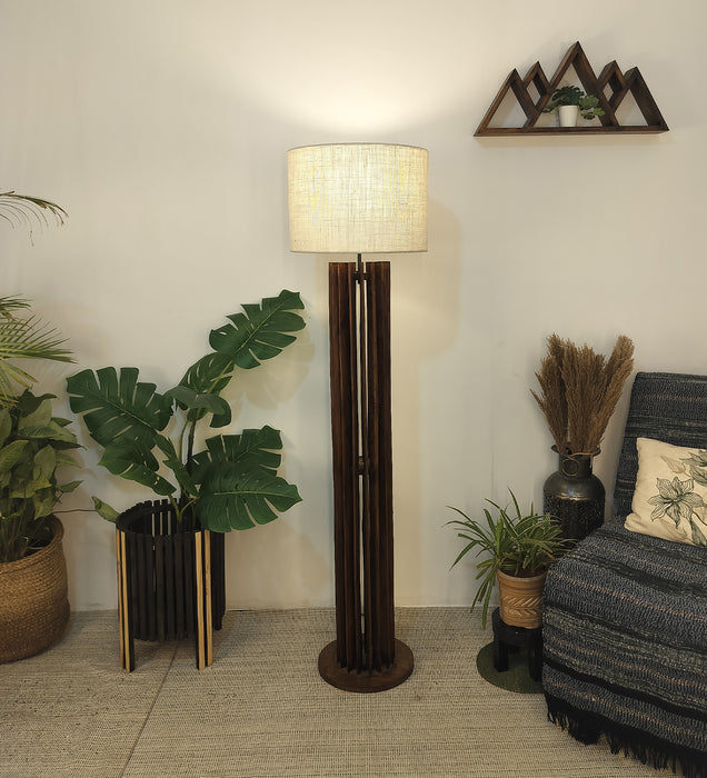 Ventus Wooden Floor Lamp With Brown Base and Beige Fabric Lampshade