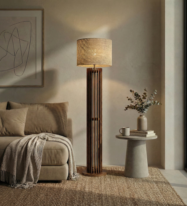 Ventus Wooden Floor Lamp With Brown Base and Beige Fabric Lampshade