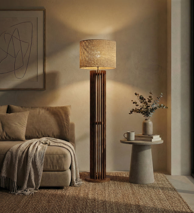 Ventus Wooden Floor Lamp With Brown Base and Beige Fabric Lampshade