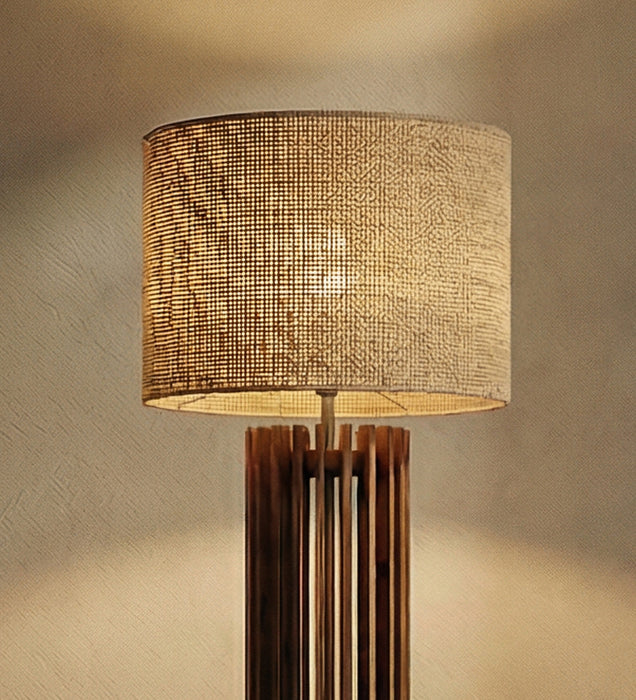Ventus Wooden Floor Lamp With Brown Base and Beige Fabric Lampshade