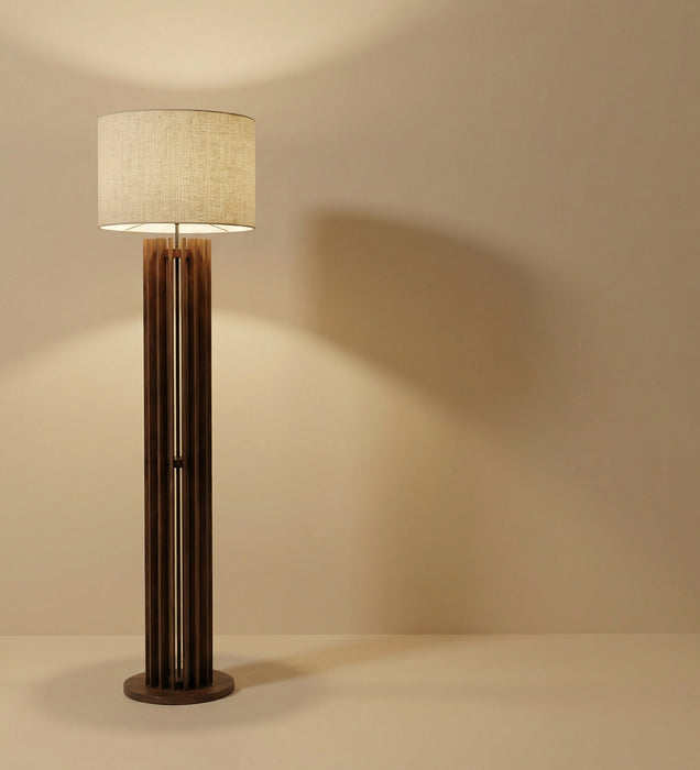 Ventus Wooden Floor Lamp With Brown Base and Beige Fabric Lampshade