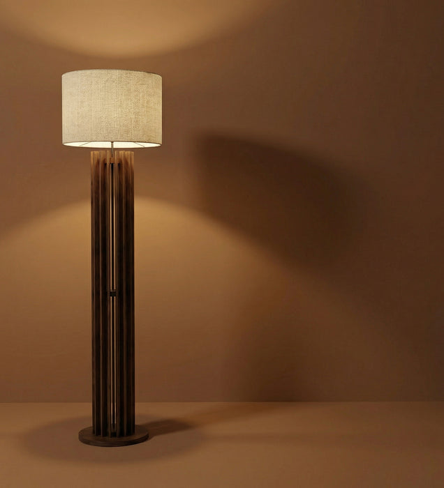 Ventus Wooden Floor Lamp With Brown Base and Beige Fabric Lampshade
