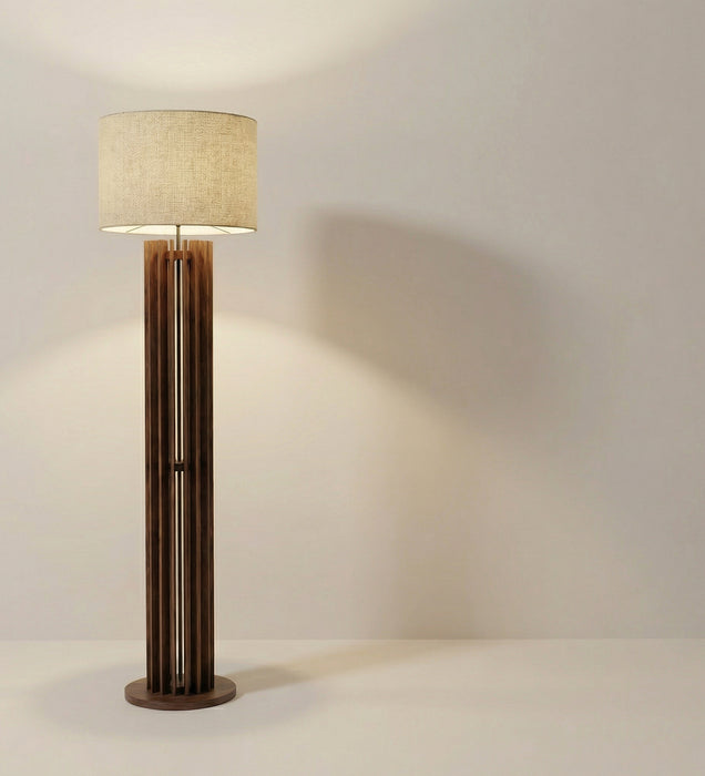 Ventus Wooden Floor Lamp With Brown Base and Beige Fabric Lampshade