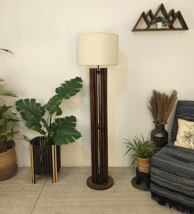 Ventus Wooden Floor Lamp With Brown Base and Beige Fabric Lampshade