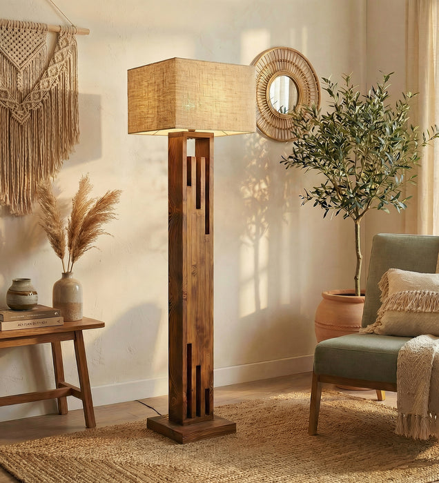 Victoria Wooden Floor Lamp with Brown Base and Jute Fabric Lampshade