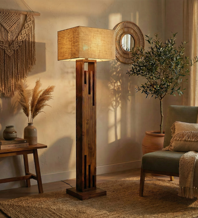 Victoria Wooden Floor Lamp with Brown Base and Jute Fabric Lampshade