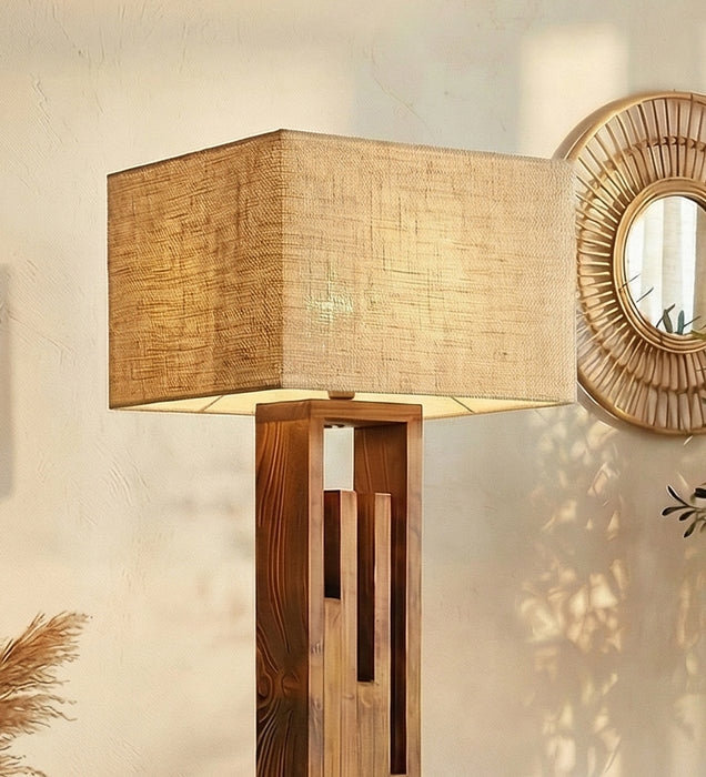 Victoria Wooden Floor Lamp with Brown Base and Jute Fabric Lampshade