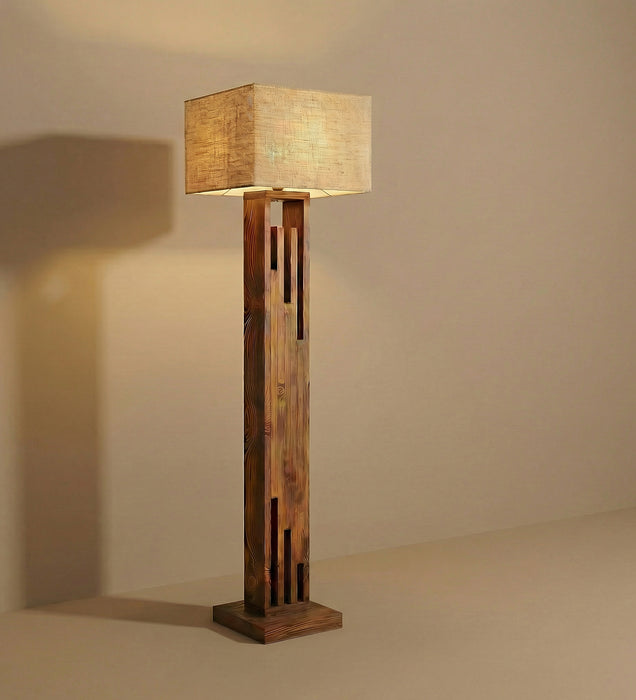 Victoria Wooden Floor Lamp with Brown Base and Jute Fabric Lampshade