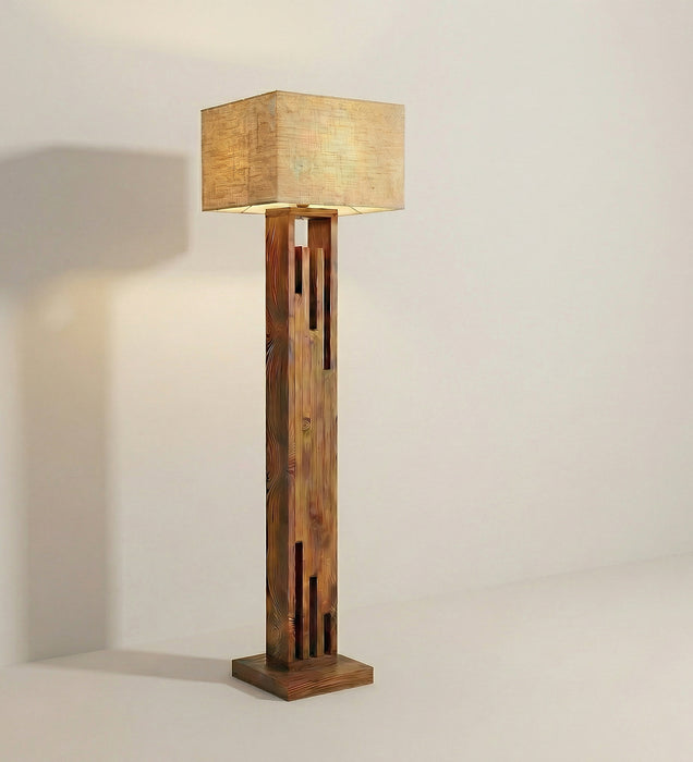 Victoria Wooden Floor Lamp with Brown Base and Jute Fabric Lampshade