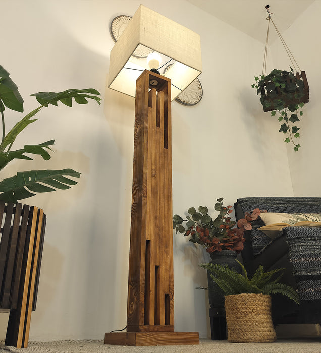 Victoria Wooden Floor Lamp with Brown Base and Jute Fabric Lampshade