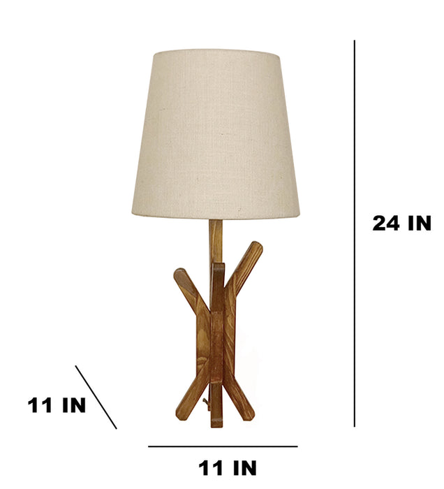 Vrikshya Wooden Table Lamp with Brown Base and White Fabric Lampshade