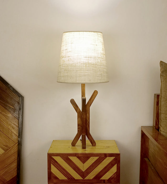 Vrikshya Wooden Table Lamp with Brown Base and White Fabric Lampshade