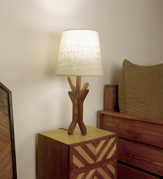 Vrikshya Wooden Table Lamp with Brown Base and White Fabric Lampshade