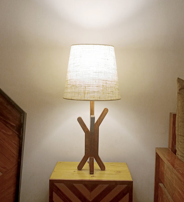 Vrikshya Wooden Table Lamp with Brown Base and White Fabric Lampshade