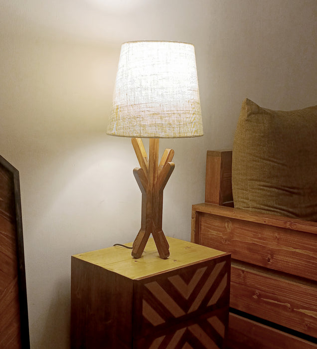 Vrikshya Wooden Table Lamp with Brown Base and White Fabric Lampshade