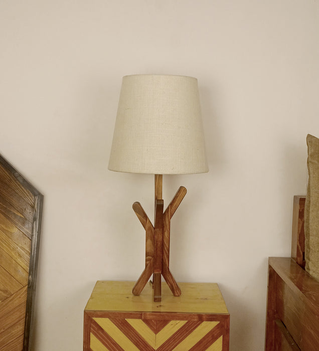 Vrikshya Wooden Table Lamp with Brown Base and White Fabric Lampshade