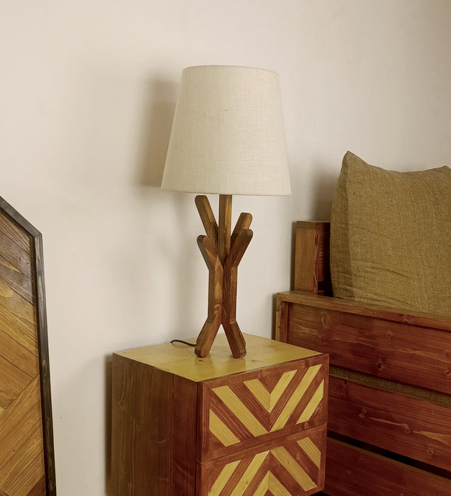 Vrikshya Wooden Table Lamp with Brown Base and White Fabric Lampshade