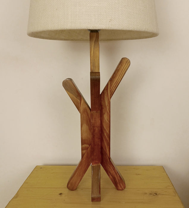 Vrikshya Wooden Table Lamp with Brown Base and White Fabric Lampshade