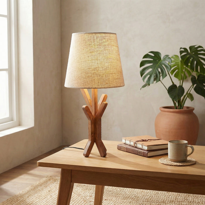 Vrikshya Wooden Table Lamp with Brown Base and White Fabric Lampshade