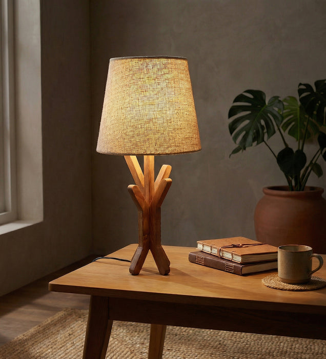 Vrikshya Wooden Table Lamp with Brown Base and White Fabric Lampshade