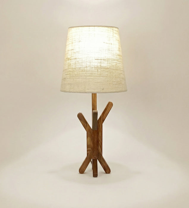 Vrikshya Wooden Table Lamp with Brown Base and White Fabric Lampshade