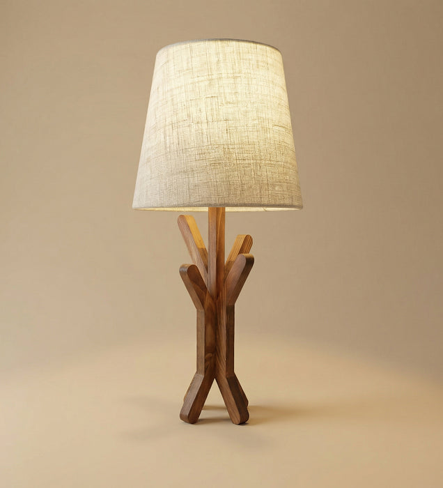 Vrikshya Wooden Table Lamp with Brown Base and White Fabric Lampshade