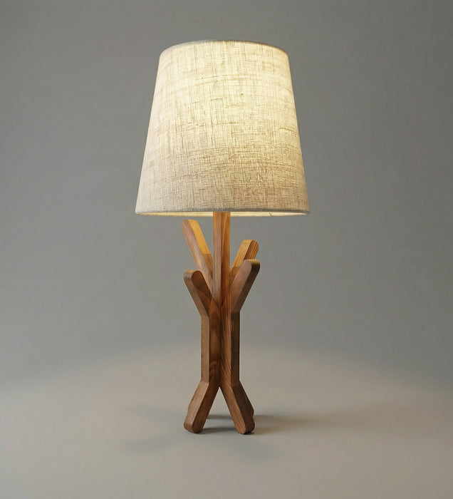 Vrikshya Wooden Table Lamp with Brown Base and White Fabric Lampshade