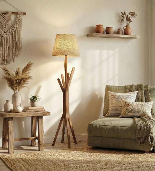 Vrikshya Wooden Floor Lamp with Brown Base and Beige Fabric Lampshade