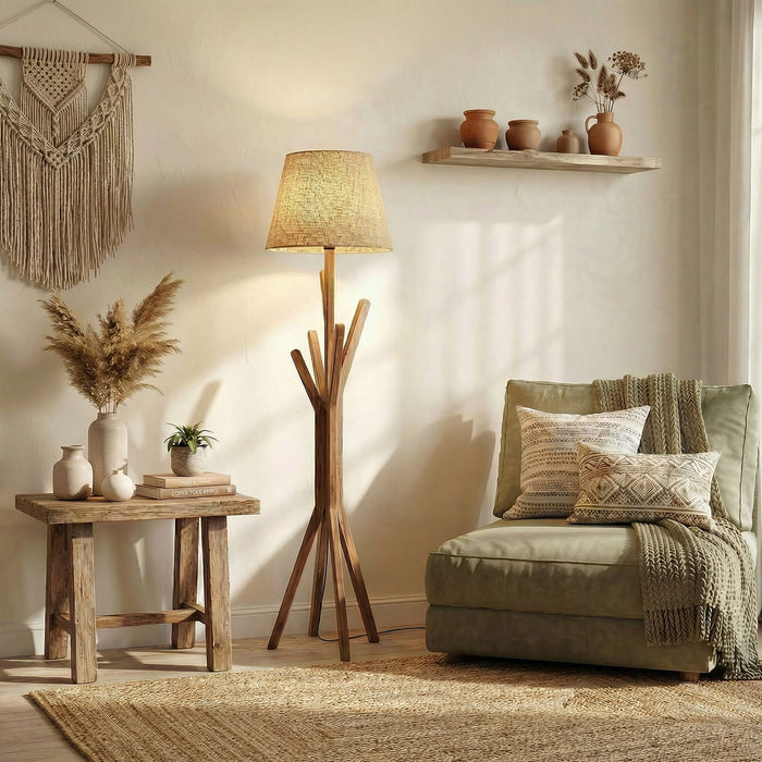 Vrikshya Wooden Floor Lamp with Brown Base and Beige Fabric Lampshade